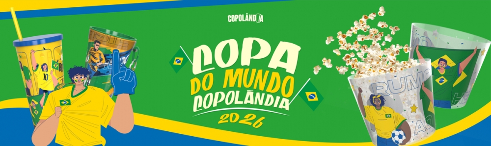 Banner Copolândia — Copa do Mundo: copos personalizados nas cores do Brasil